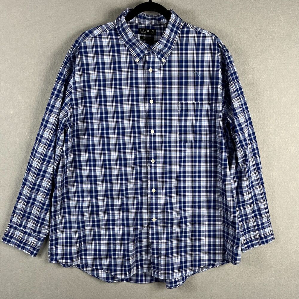 RALPH LAUREN  Black Label Shirt  2XL Plaid Blue Button 18.5 34/35 Stretch Fabric